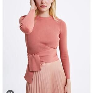 Zara Peach Tie Waist Ribbed Cropped Wrap Sweater size Large